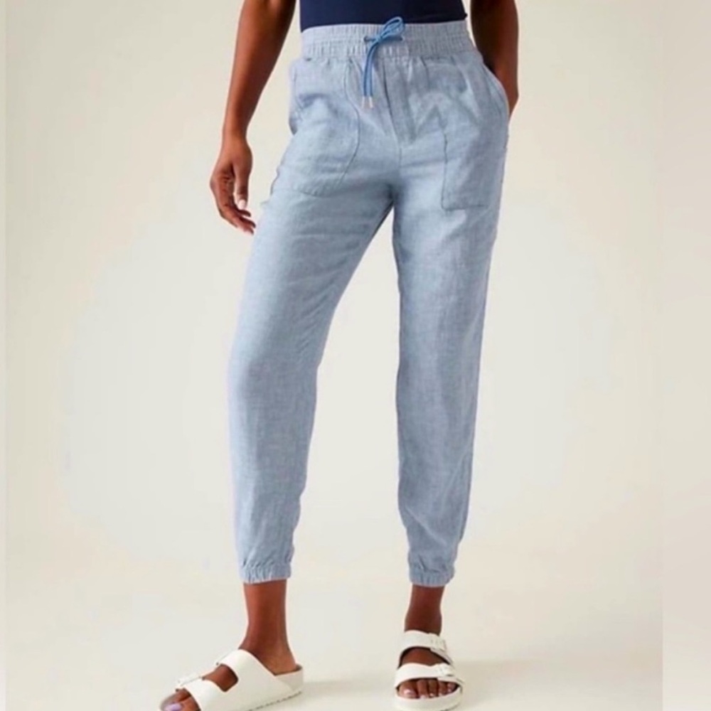 Athleta Retreat Linen Joggers Pants Drawstring Pockets Blue 2